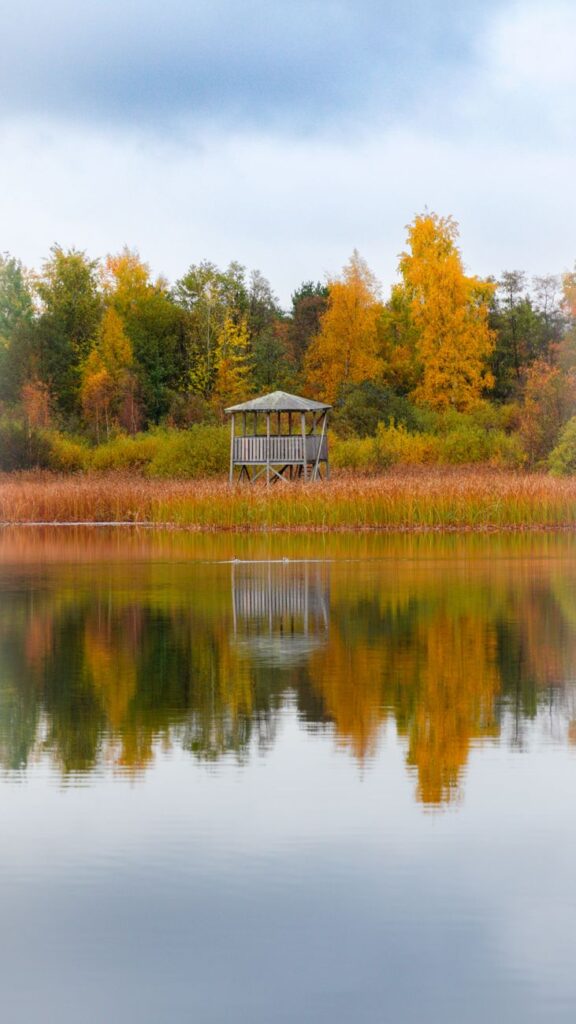 tranquil autumn lake with wooden gazebo reflection