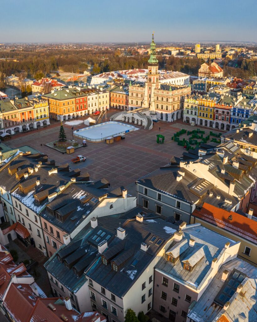 aerial view of zamosc old town square at daytime